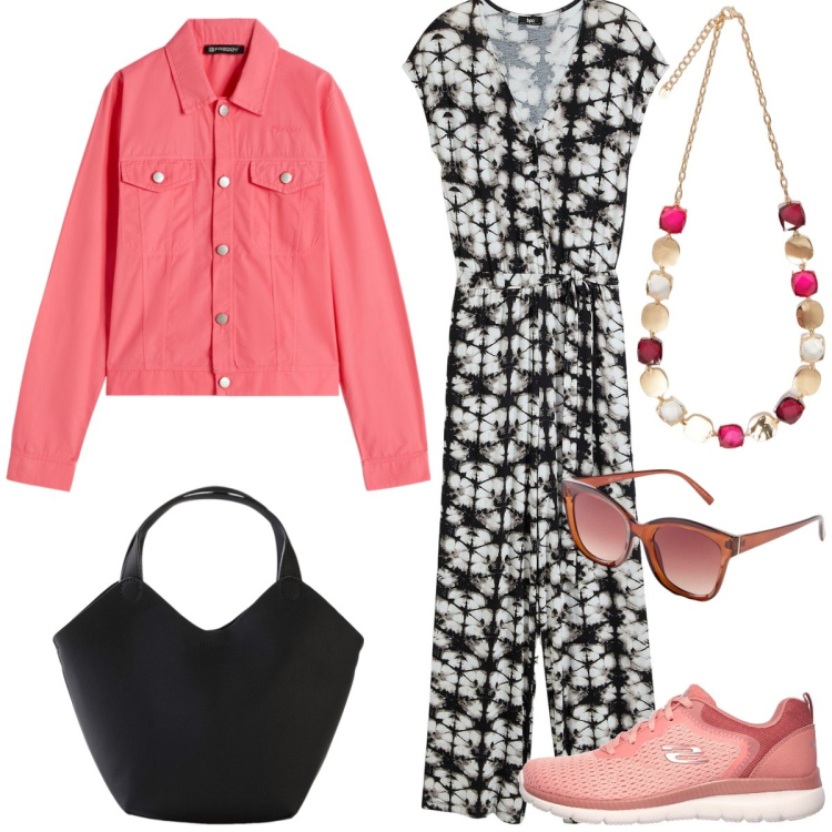 Outfit donna - Tuta sporty. Stile Sporty chic per Tutti i giorni. Abbinamento con tute, borse a mano, occhiali da sole, blazer, sneakers, collane.