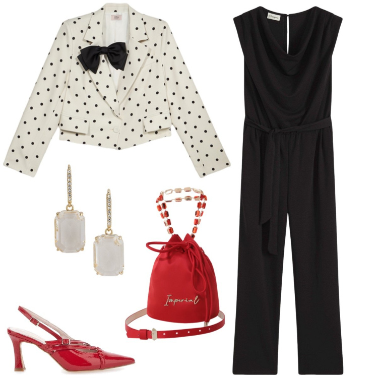 Outfit donna - Chic in tuta. Stile Chic per Serata fuori. Abbinamento con tute, borse a secchiello, orecchini, décolleté, blazer.