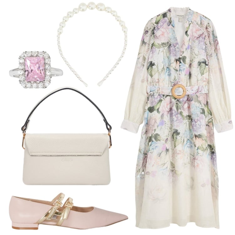Outfit donna - Bucolica primavera. Stile Romantica per Cerimonia. Abbinamento con vestiti midi/longuette, anelli, cerchietti, ballerine, borse a tracolla.