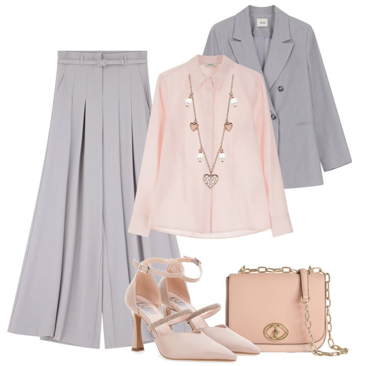 Outfit donna - Eleganza: grigio perla e cipria. Stile Bon Ton per Cerimonia. Abbinamento con collane, pantaloni, camicie, blazer, décolleté, borse a tracolla.