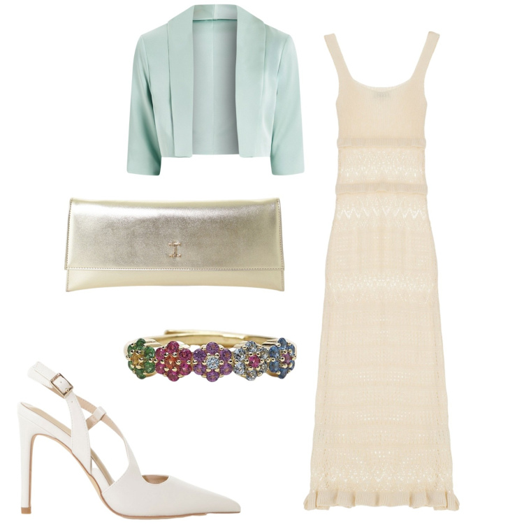 Outfit donna - Midi tricot. Stile Glamour per Cerimonia. Abbinamento con décolleté, pochette, anelli, bolero, vestiti midi/longuette.