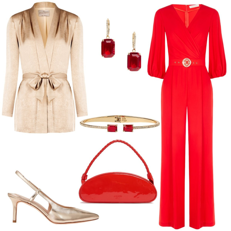 Outfit donna - Cerimonia. Stile Chic per Cerimonia. Abbinamento con tute, blazer, décolleté, orecchini, braccialetti, borse a spalla.