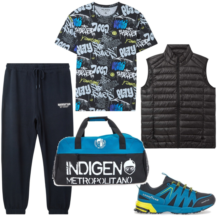 Outfit uomo - Giornata sportiva. Stile Urban per Sport. Abbinamento con piumini, t-shirt, pantaloni sportivi, borse sportive, scarpe sportive.
