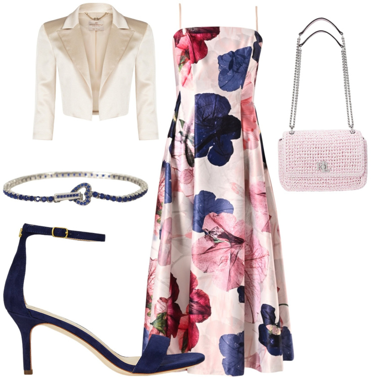 Outfit donna - L\'abito midi floreale. Stile Chic per Cerimonia. Abbinamento con braccialetti, bolero, vestiti midi/longuette, sandali in pelle, borse a spalla.