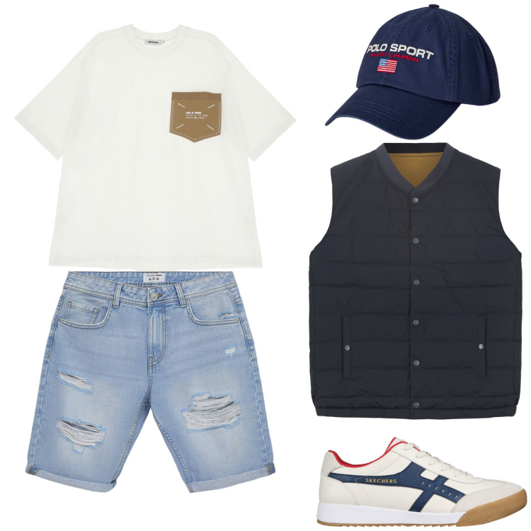 Outfit uomo - Primo maggio fuori porta. Stile Casual per Tutti i giorni. Abbinamento con bermuda, t-shirt, berretti, sneakers, gilet.