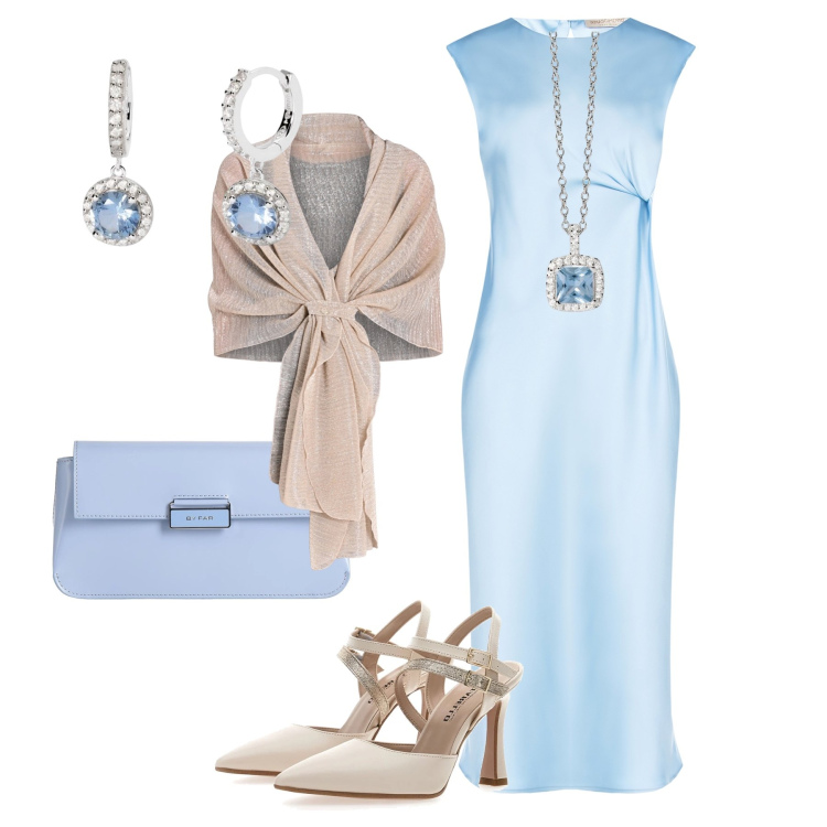 Outfit donna - Cerimonia azzurro cielo. Stile Chic per Cerimonia. Abbinamento con borse a mano, collane, orecchini, stole, vestiti midi/longuette, décolleté.