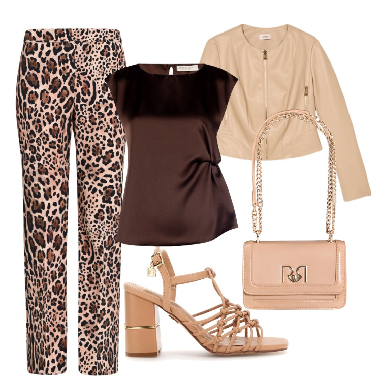 Outfit donna - Rinascimento animalier. Stile Casual chic per Ufficio. Abbinamento con pantaloni, top, borse a tracolla, sandali col tacco, giacche.
