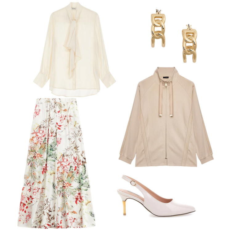 Outfit donna - Serata di primavera. Stile Casual chic per Serata fuori. Abbinamento con pantaloni, bluse, orecchini, décolleté, felpe.