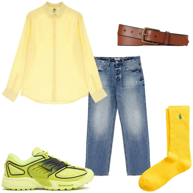 Outfit uomo - Il giallo estivo. Stile Urban per Tutti i giorni. Abbinamento con jeans, camicie, cinture, calzini, sneakers.