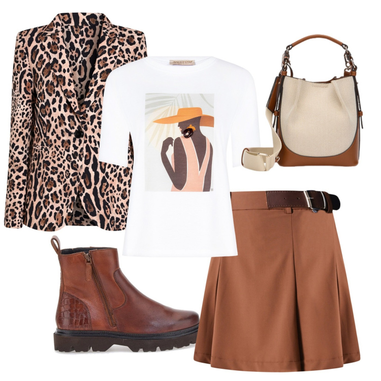 Outfit donna - Animalier casual chic. Stile Casual chic per Tutti i giorni. Abbinamento con blazer, t-shirt, minigonne, stivaletti, borse a mano.