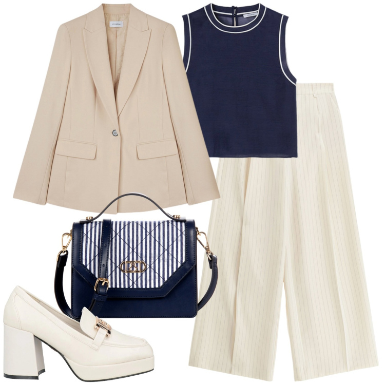 Outfit donna - Il tailleur "spezzato". Stile Casual chic per Tutti i giorni. Abbinamento con mocassini, borse a mano, pantaloni a palazzo, blazer, top.