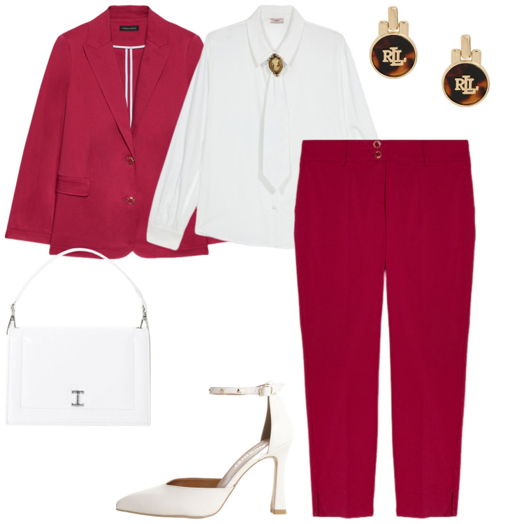 Outfit donna - Sangue rosso. Stile Casual chic per Cerimonia. Abbinamento con décolleté, borse a tracolla, orecchini, blazer, camicie, pantaloni chino.