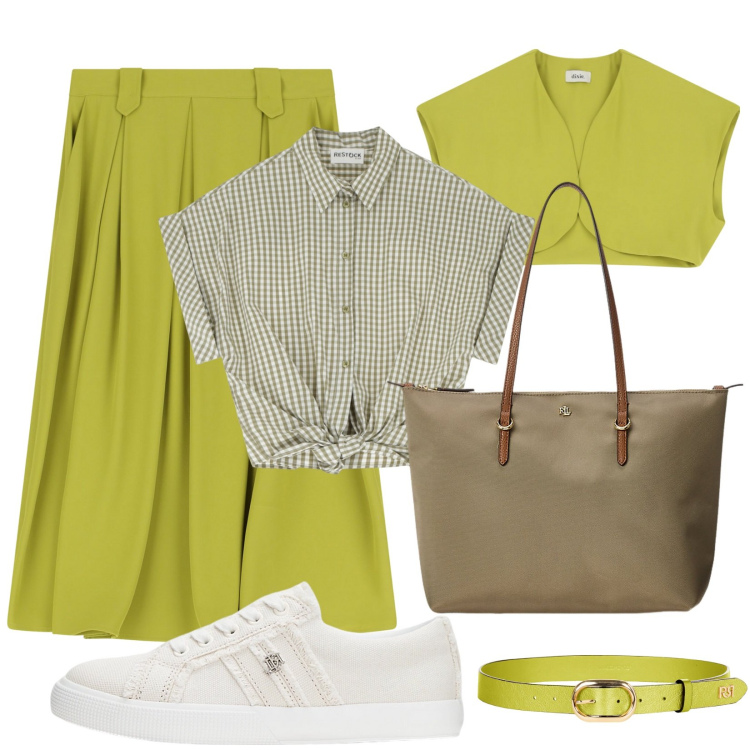 Outfit donna - Giorno verde acido. Stile Casual chic per Ufficio. Abbinamento con gonne longuette, camicie, gilet, cinture, borse tote, sneakers.