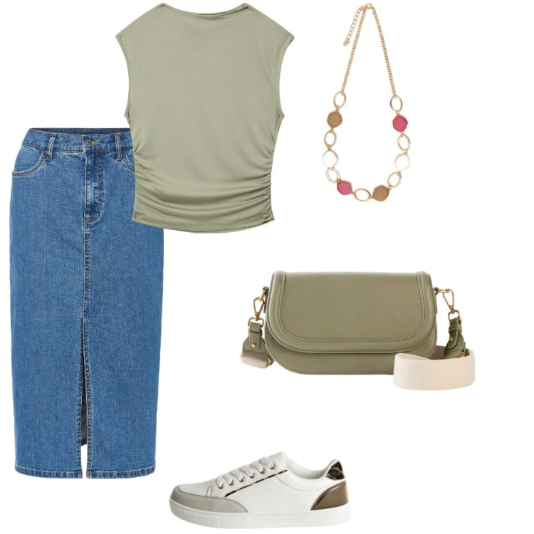 Outfit donna - Il verde menta. Stile Casual per Tutti i giorni. Abbinamento con gonne lunghe, borse a tracolla, sneakers, t-shirt, collane.