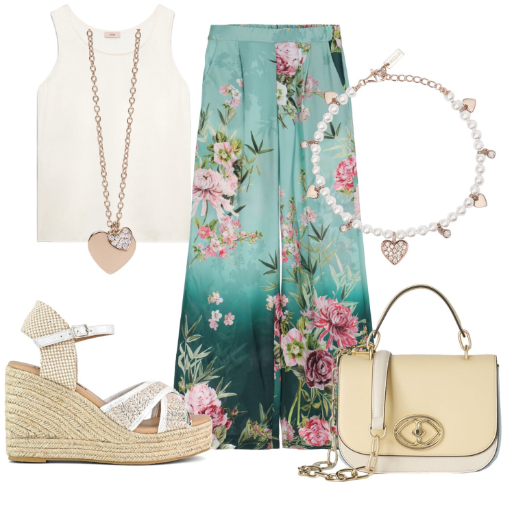 Outfit donna - Fiore di maggio. Stile Glamour per Tutti i giorni. Abbinamento con braccialetti, ciondoli, pantaloni, zeppe, borse a tracolla, top.