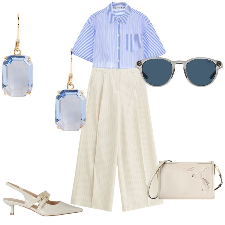 Outfit donna - Casual. Stile Casual chic per Serata fuori. Abbinamento con pantaloni a palazzo, camicie, orecchini, occhiali da sole, décolleté, borse a tracolla.