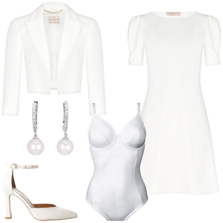 Outfit donna - Sposa di maggio. Stile Chic per Cerimonia. Abbinamento con body, orecchini, vestiti, bolero, décolleté.