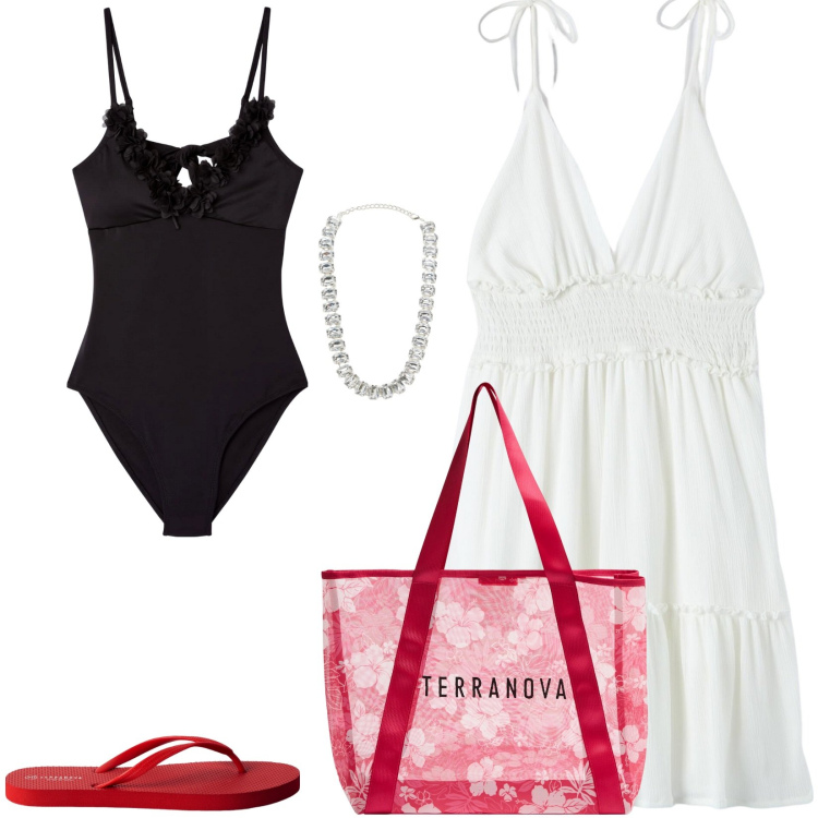 Outfit donna - Terranova Summer style. Stile Casual per Mare. Abbinamento con shopping bag, infradito, vestiti, collane, costumi interi.