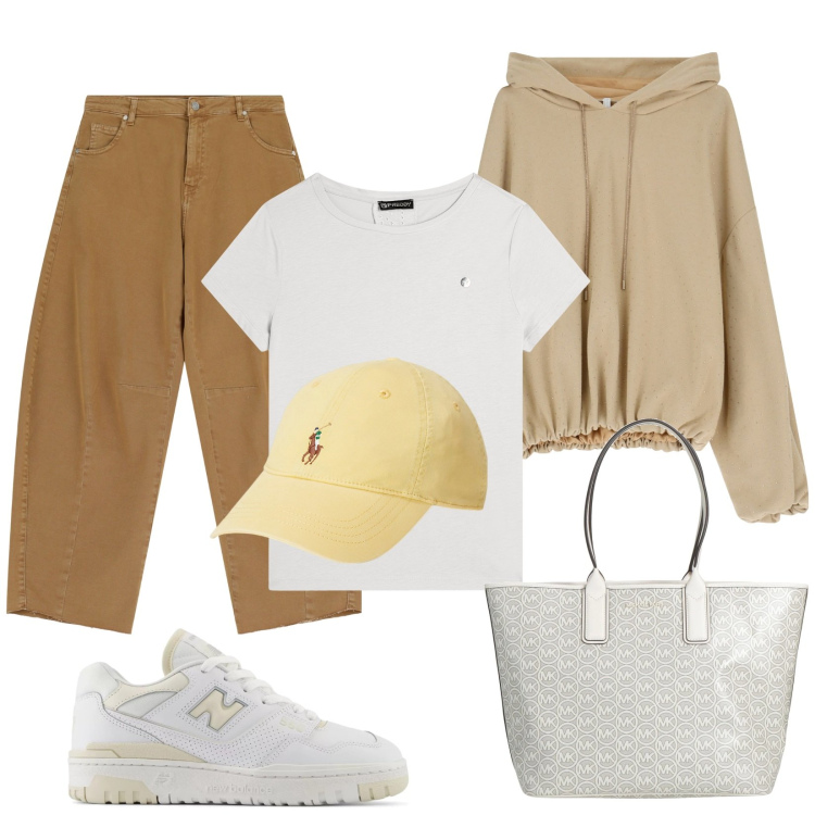 Outfit donna - Casual. Stile Casual per Tutti i giorni. Abbinamento con borse a mano, felpe con cappuccio, pantaloni, sneakers, t-shirt, cappelli.