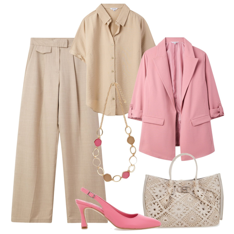 Outfit donna - Pranzo di lavoro in spezzato. Stile Glamour per Ufficio. Abbinamento con pantaloni, camicie a manica corta, blazer, décolleté, collane, borse a tracolla.