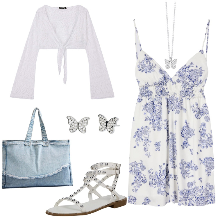 Outfit donna - Summer style. Stile Casual chic per Tutti i giorni. Abbinamento con vestiti corti, bolero, shopping bag, sandali, orecchini, collane.