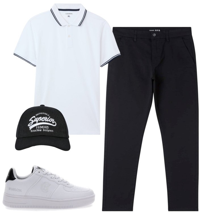 Outfit uomo - City. Stile Casual per Tutti i giorni. Abbinamento con pantaloni skinny, cappelli con visiera, polo, sneakers.