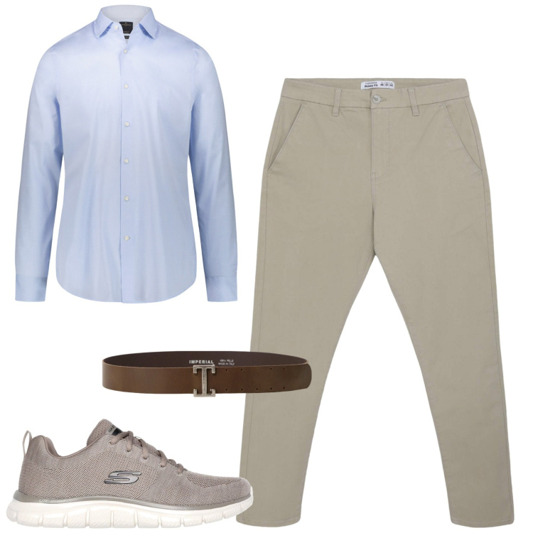 Outfit uomo - City. Stile Urban per Tutti i giorni. Abbinamento con pantaloni chino, cinture, camicie, sneakers.
