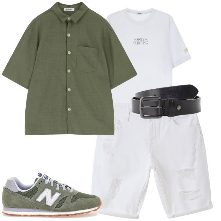 Outfit uomo - Maggio. Stile Casual per Tutti i giorni. Abbinamento con bermuda, camicie a manica corta, cinture, t-shirt, sneakers.