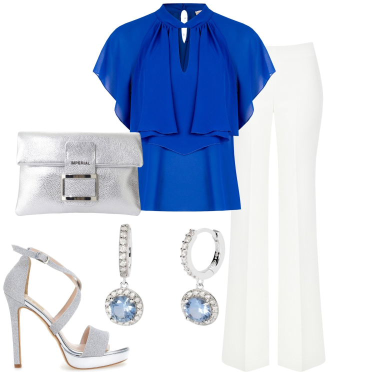 Outfit donna - Occasione importante. Stile Chic per Serata fuori. Abbinamento con pochette, orecchini, bluse, pantaloni a palazzo, sandali col tacco.