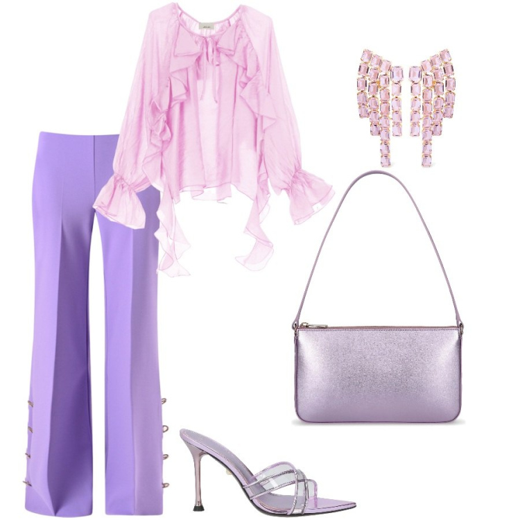 Outfit donna - Saturday evening. Stile Chic per Serata fuori. Abbinamento con sandali in pelle, pantaloni a palazzo, camicie, borse a spalla, orecchini.