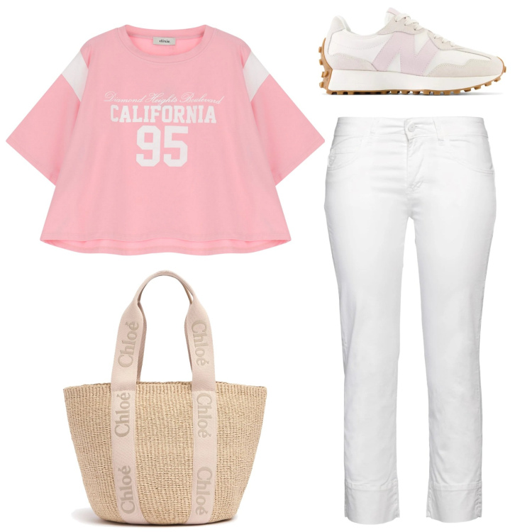 Outfit donna - Sprint. Stile Basic per Tutti i giorni. Abbinamento con pantaloni, sneakers, t-shirt, shopping bag.