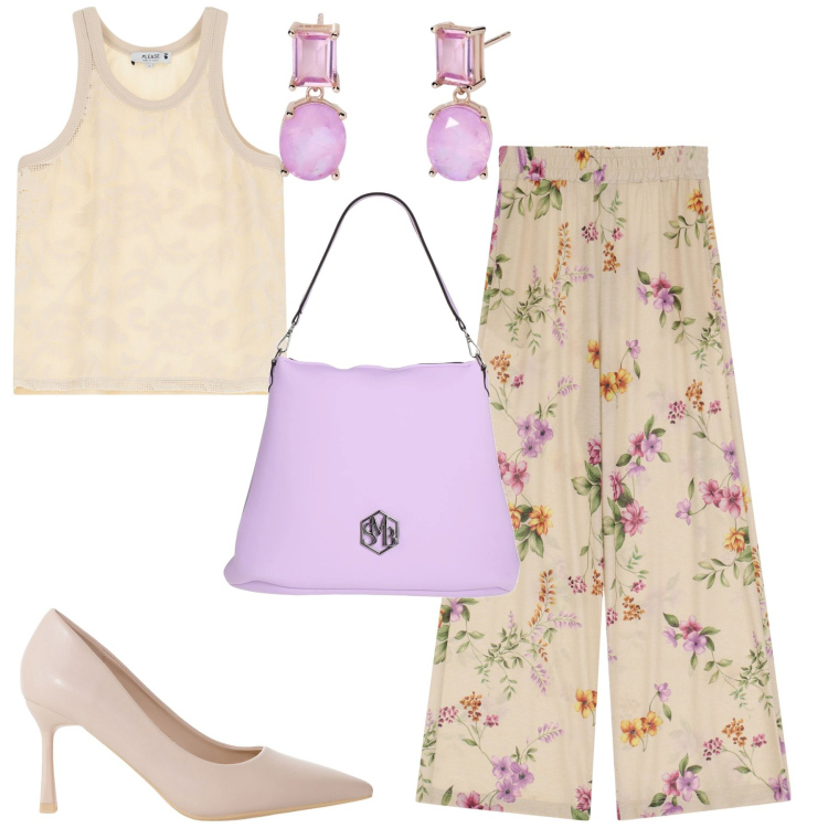 Outfit donna - City. Stile Urban per Tutti i giorni. Abbinamento con borse a spalla, orecchini, pantaloni, top, décolleté.