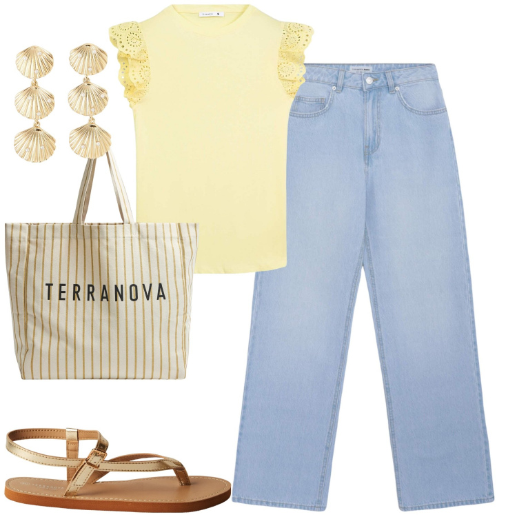 Outfit donna - City. Stile Casual per Tutti i giorni. Abbinamento con jeans, orecchini, borse tote, t-shirt, ciabatte.