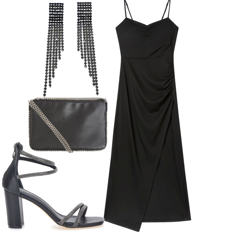 Outfit donna - Serata. Stile Sexy per Serata fuori. Abbinamento con vestiti lunghi, borse a tracolla, orecchini, sandali col tacco.