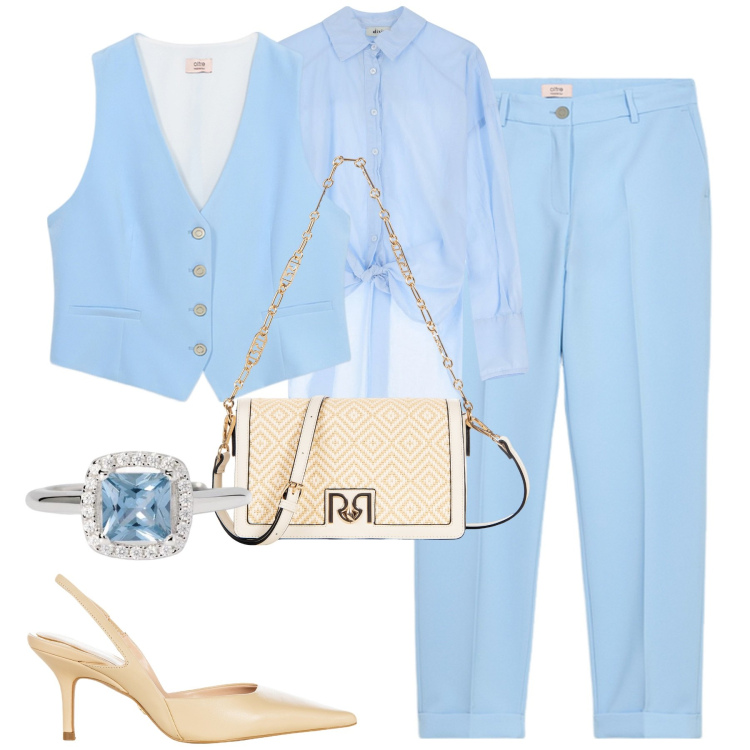 Outfit donna - Trendy e chic. Stile Urban per Tutti i giorni. Abbinamento con camicie, anelli, décolleté, borse a tracolla, gilet, pantaloni.