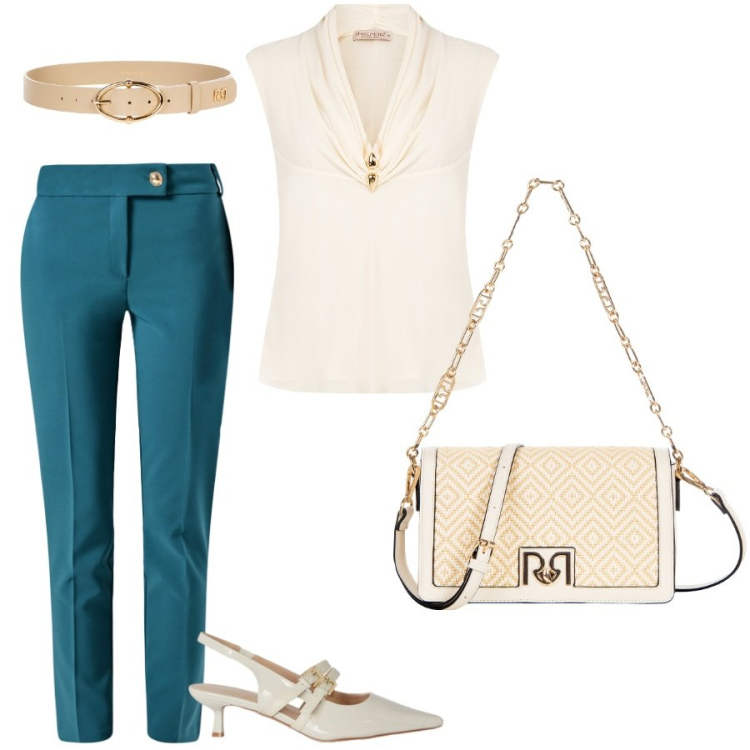 Outfit donna - Il pantalone blu ottanio. Stile Chic per Serata fuori. Abbinamento con bluse, pantaloni, borse a tracolla, cinture, décolleté.