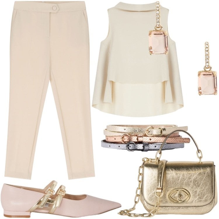 Outfit donna - Party time. Stile Bon Ton per Cerimonia. Abbinamento con cinture, top, pantaloni, orecchini, ballerine, borse a tracolla.