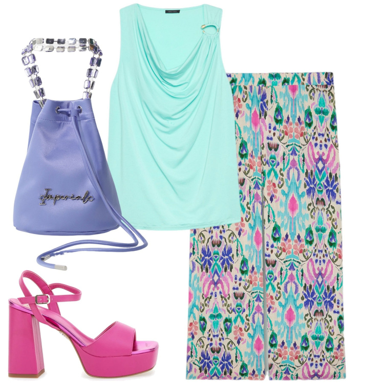Outfit donna - Fiorella Rubino. Stile Urban per Tutti i giorni. Abbinamento con borse a secchiello, sandali col tacco, pantaloni a palazzo, top.