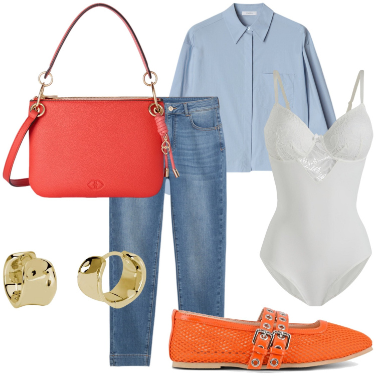 Outfit donna - Passeggiata curata. Stile Casual chic per Tutti i giorni. Abbinamento con body, orecchini, ballerine, borse a tracolla, jeans skinny, camicie.