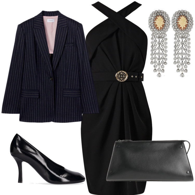Outfit donna - Una cascata di luce. Stile Glamour per Serata fuori. Abbinamento con borse a mano, vestiti a tubino, orecchini, décolleté, blazer.