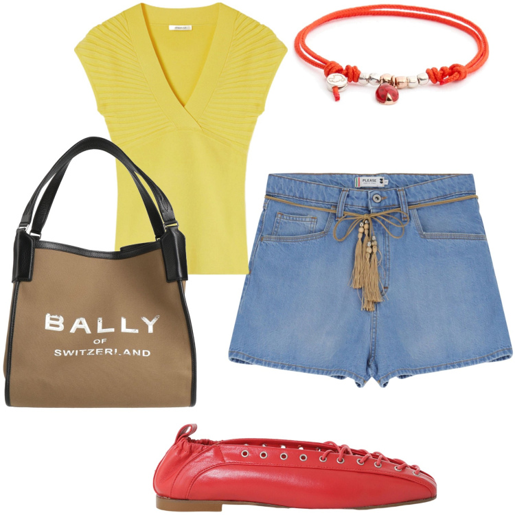 Outfit donna - Allegramente. Stile Sporty chic per Tutti i giorni. Abbinamento con borse a mano, shorts, ballerine, t-shirt, braccialetti.