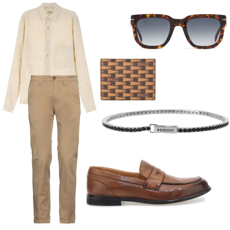 Outfit uomo - Uomo trend. Stile Trendy per Tutti i giorni. Abbinamento con pantaloni chino, portafogli, braccialetti, camicie, scarpe stringate, occhiali da sole.