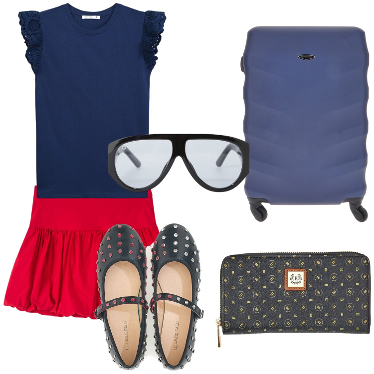 Outfit donna - Ballerine per il viaggio. Stile Preppy per Tutti i giorni. Abbinamento con t-shirt, minigonne, occhiali da sole, ballerine, valigie, portafogli.