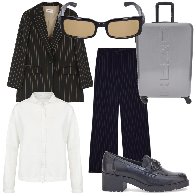 Outfit donna - Like my husband. Stile Mannish per Tutti i giorni. Abbinamento con blazer, mocassini, occhiali da sole, camicie, pantaloni a palazzo, valigie.