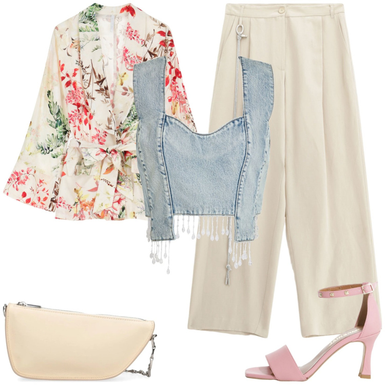 Outfit donna - Casual ad una cerimonia. Stile Casual chic per Cerimonia. Abbinamento con top, pantaloni, sandali col tacco, blazer, borse a spalla.
