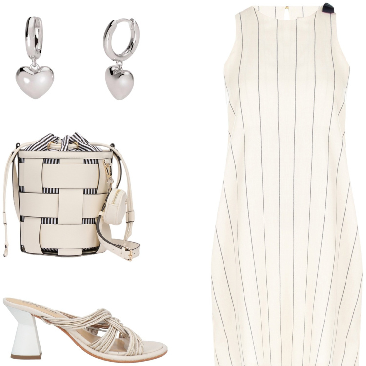 Outfit donna - Righe verticali. Stile Casual chic per Tutti i giorni. Abbinamento con sandali in pelle, orecchini, vestiti, borse a secchiello.