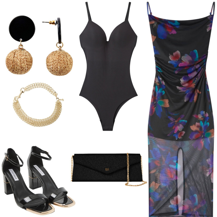 Outfit donna - Trasparenza floreale. Stile Glamour per Serata fuori. Abbinamento con orecchini, sabot, vestiti lunghi, body, pochette, collane.