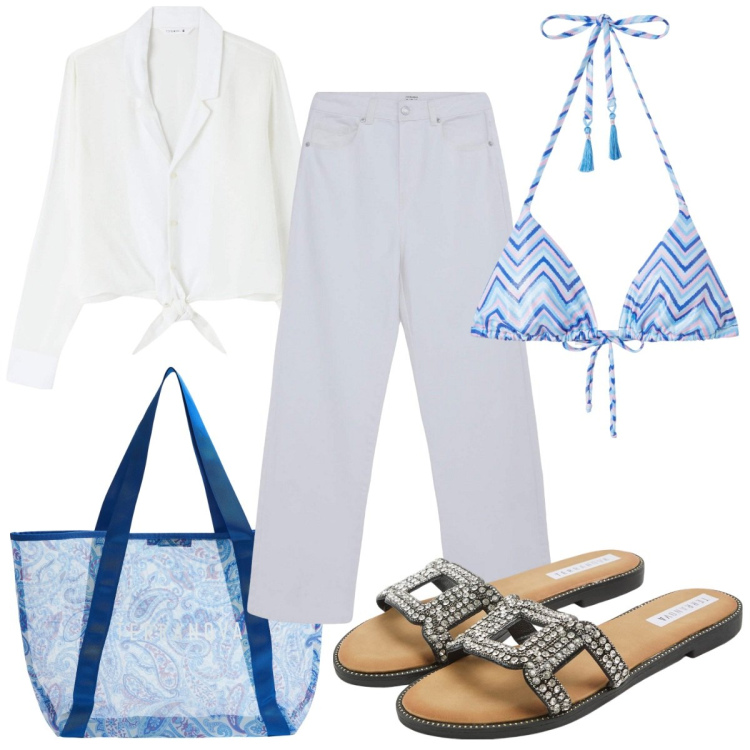 Outfit donna - Terranova: vacanze al mare. Stile Trendy per Mare. Abbinamento con ciabatte, bikini, camicie, shopping bag, pantaloni.