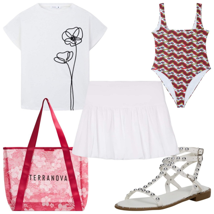 Outfit donna - Terranova : il costume intero. Stile Trendy per Mare. Abbinamento con costumi interi, shopping bag, minigonne, t-shirt, sandali.