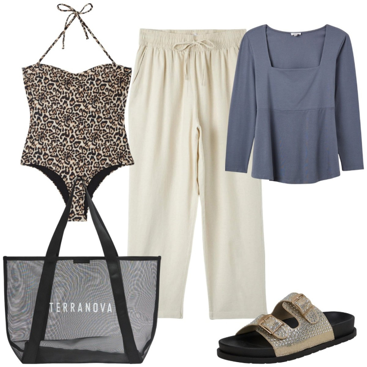 Outfit donna - Terranova : i pantaloni in lino. Stile Casual per Mare. Abbinamento con costumi interi, ciabatte, pantaloni, t-shirt, shopping bag.